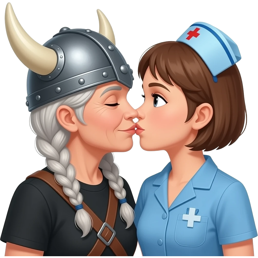 Viking helmet older woman with braids kissing cropped hair nurse female couple emoji