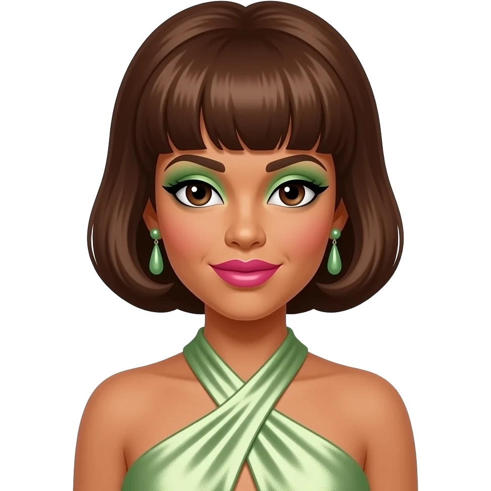Florence Ballard from The Supremes with dark brown eyes, brown beehive hair, light green eyeshadow, hot pink lipstick, light green metallic halter dress, green earrings emoji