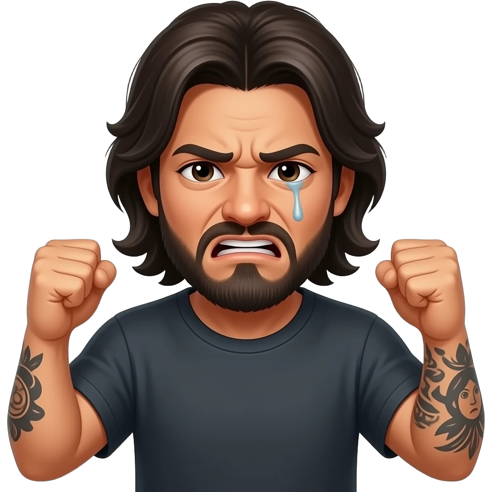 A really sad but angry because he found out she was cheating on him with a bald, headed red bearded guy, andthey are always arguingLatino couple man has a beard, medium hair and tattoos and his wife is beautiful with hazel eyes and shoulder length brown hair and their relationship is broken emoji