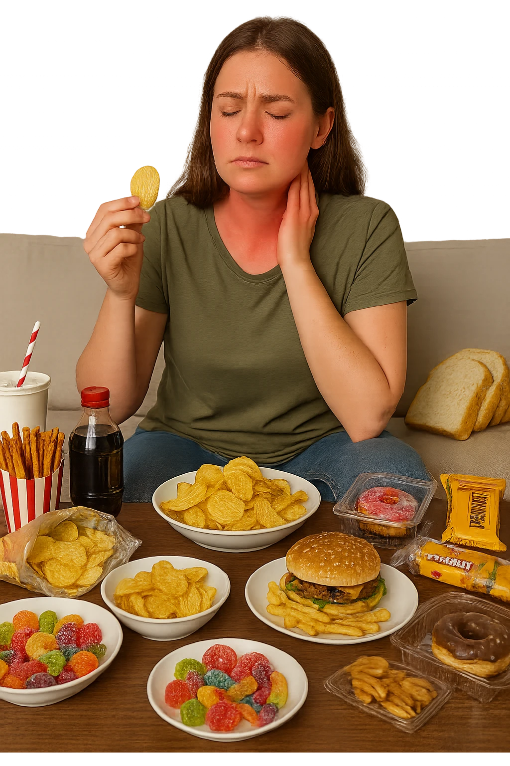 Donna tra i 25 e i 35 anni seduta sul divano o a un tavolo disordinato, circondata da cibi sparsi e poco sani: patatine, dolci, pane bianco, snack confezionati, bibite. con infiammazione e squilibri ormonali emoji