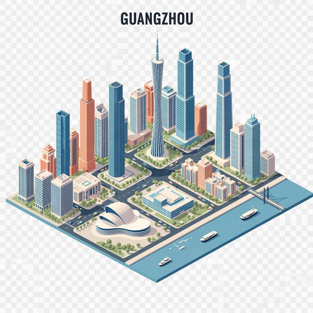 Isometric minimalistic illustration of Guangzhou, subtle 3D miniature effect and Tilt Shift effect, no cartoonish look, transparent background. emoji