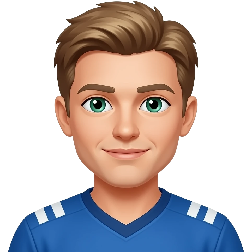Shot brown-blond hair greenish blueish eyes blue football top emoji