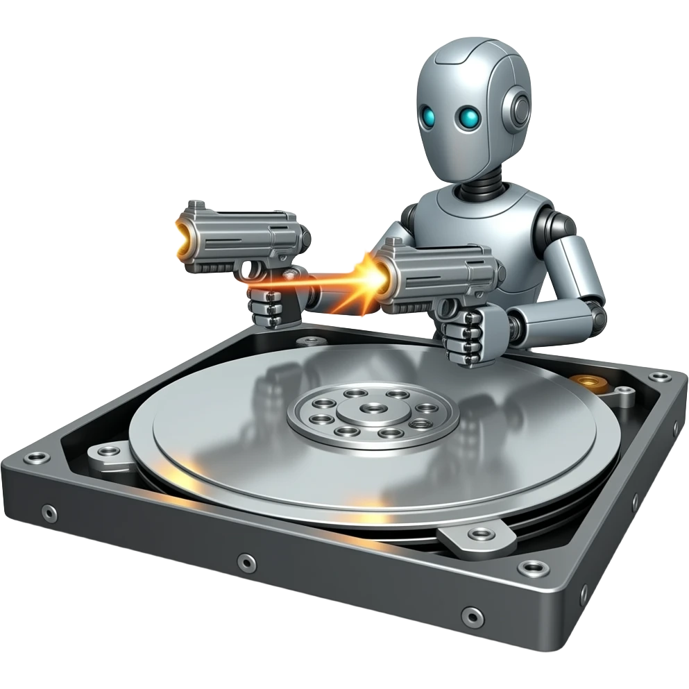 a robot with guns bursting out of a computer hard drive emoji