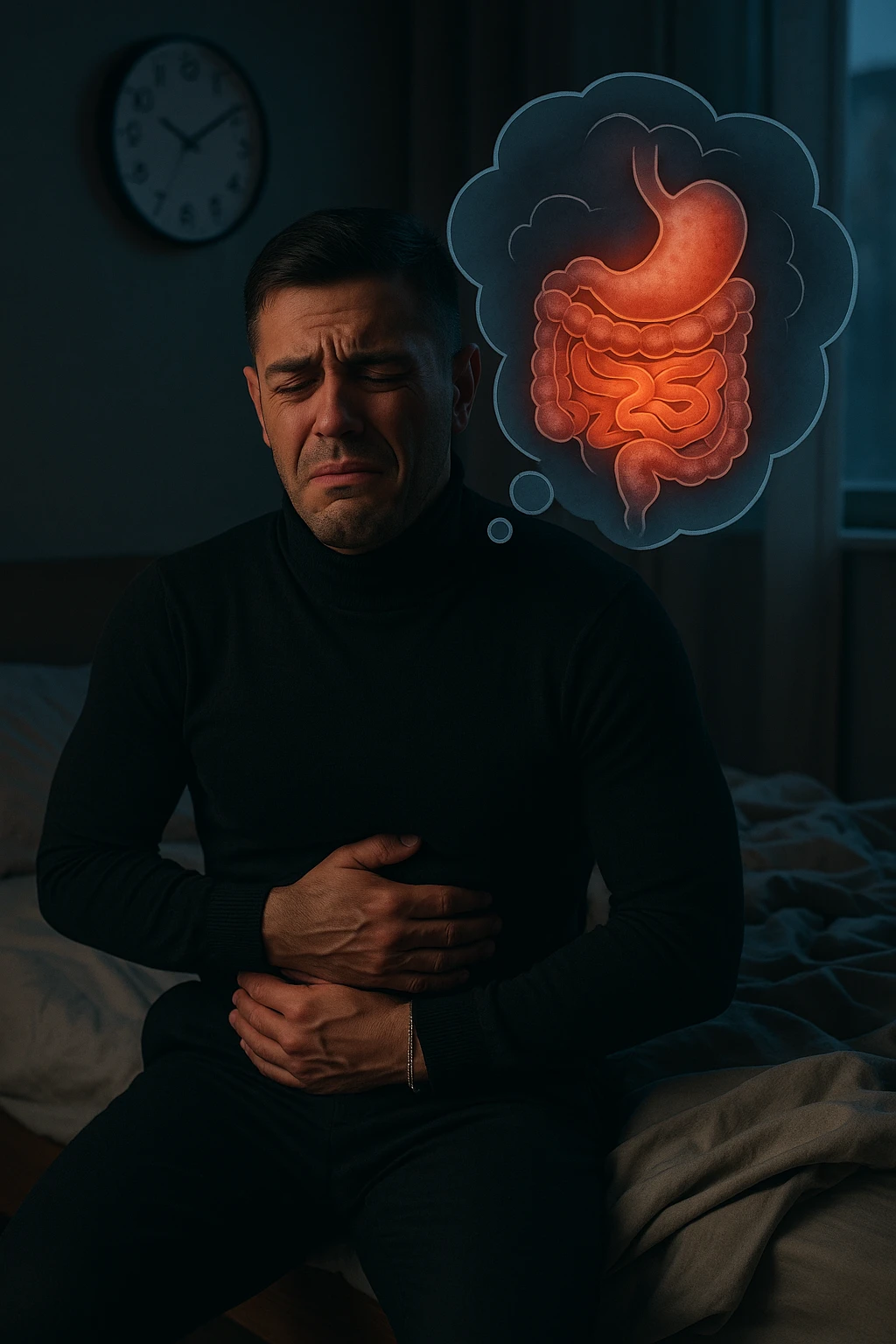 a tired-looking man sits on the edge of his bed at dawn, holding his stomach with a pained expression. Dark circles under his eyes and a messy bed indicate poor sleep. In the background, a clock shows early morning hours, and a thought bubble or overlay highlights digestive organs, emphasizing intestinal discomfort linked to sleep deprivation. emoji