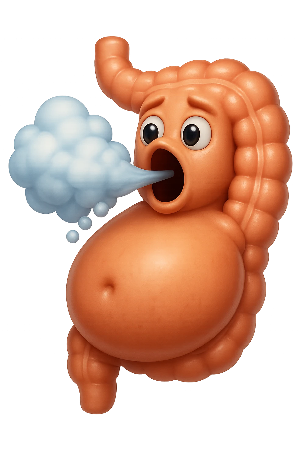 emoji stile iphone di un intestino che ingoia una nuvoletta di aria ben visibile e gli si gonfia la pancia, non fargli il naso, iperrealistico 4k emoji