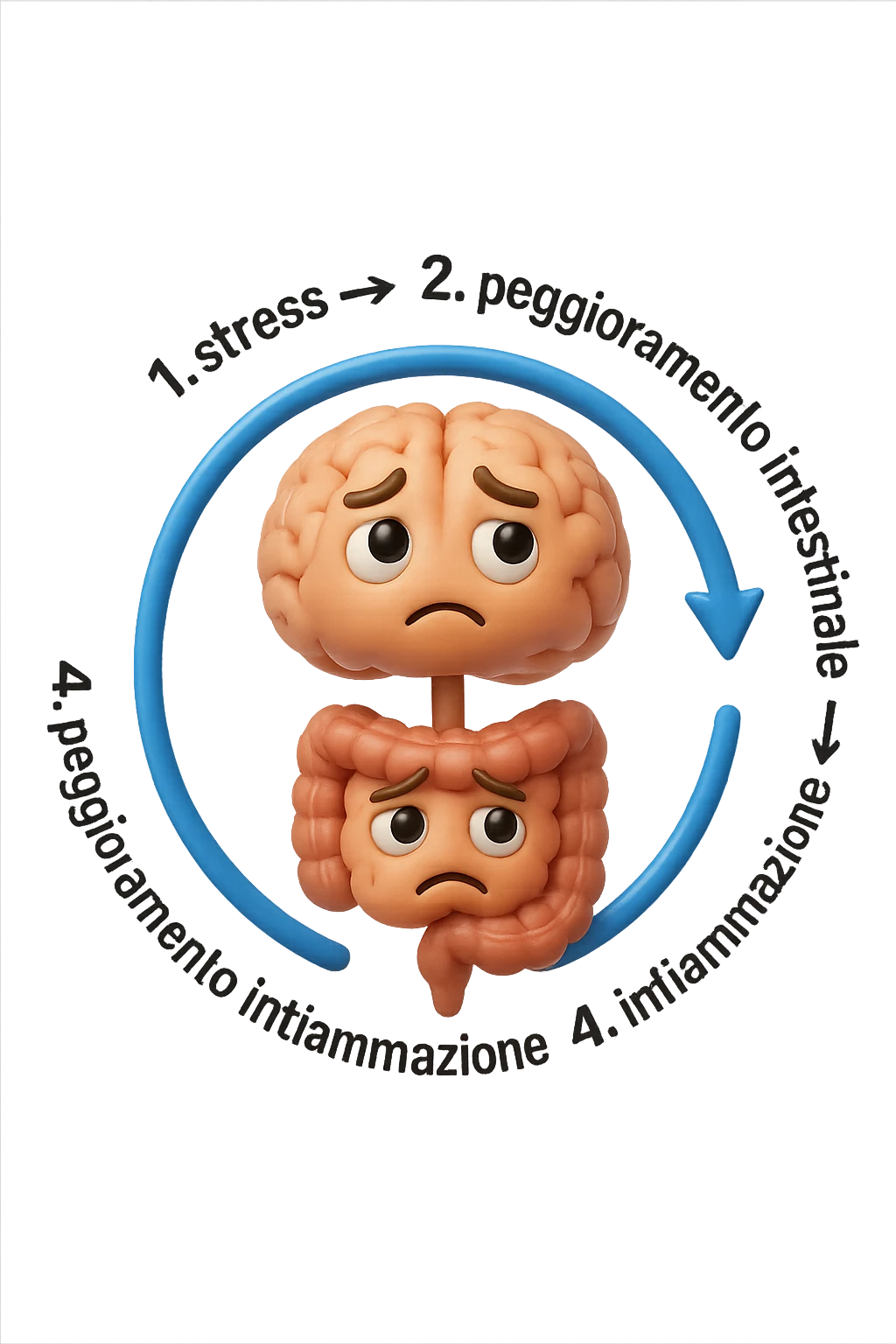 EMOJI STILE IPHONE 3D DI un cerchio con queste scritte che girano intorno in ordine per come li ho scritti "1. stress → 2. peggioramento intestinale → 3. aumento infiammazione → 4. peggioramento sintomi intestinali e sistemici." al centro del cerchio metti un cervello e intestino umani collegati verticalmente con espressione dubbiosa in volto, FALLO MOLTO REALISTICO IN 3D emoji
