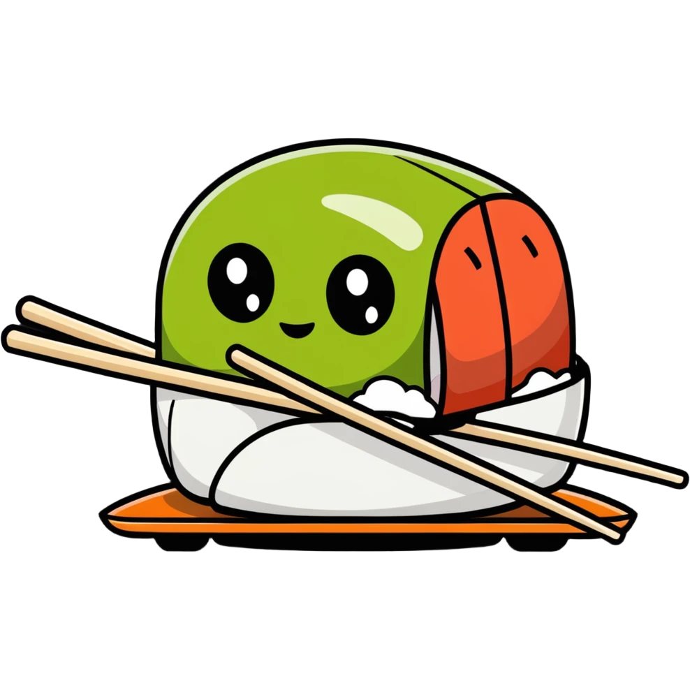 a robot shaped like a sushi roll, with LED eyes, tentacle sticks and soy sauce dripping like wires emoji