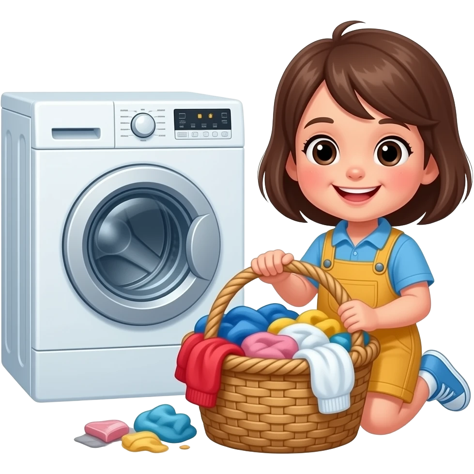 a kid with a basket full of dirty clothes and next to the washing machine emoji