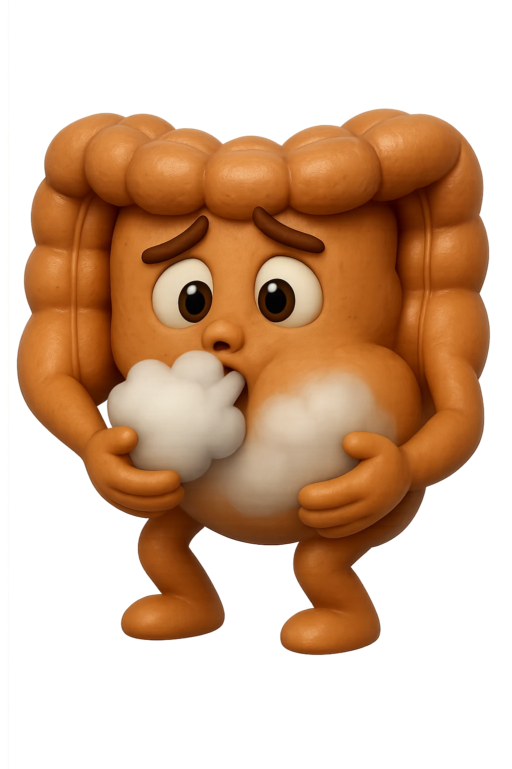 emoji stile iphone di un intestino che ingoia una nuvoletta di aria ben visibile e gli si gonfia la pancia, iperrealistico 4k emoji