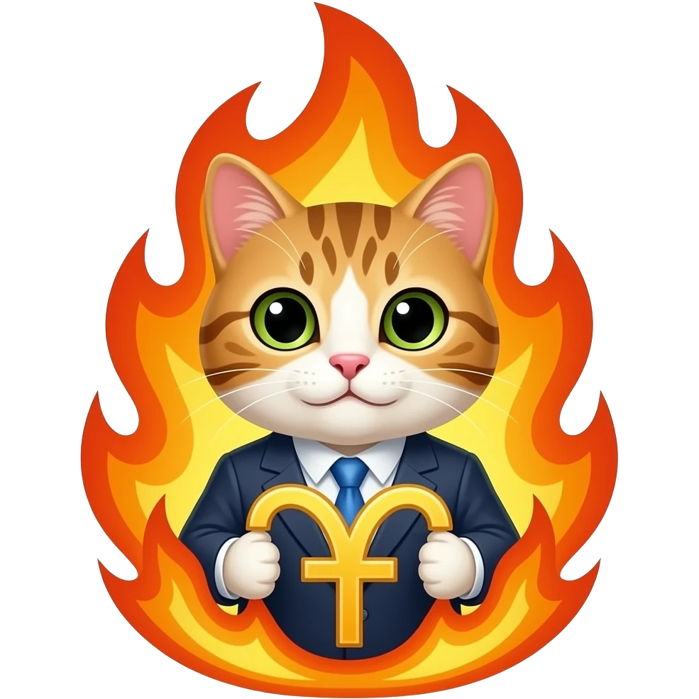 a cat surrounded by flames holding an aries sumbol emoji