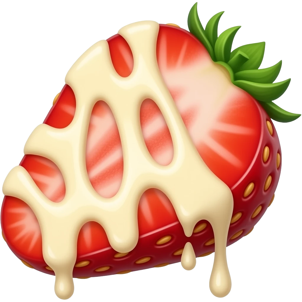 White chocolate dripping from strawberry slice emoji