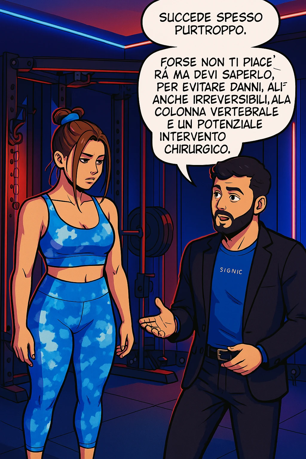 fai questa immagine in versione fumetto/manga/webtoon a colori, il manga mostra l'uomo che risponde alla donne:
Succede spesso purtroppo. 
Forse non ti piacerà ma devi saperlo, per evitare danni, anche irreversibili, alla colonna vertebrale e un potenziale intervento chirurgico. emoji