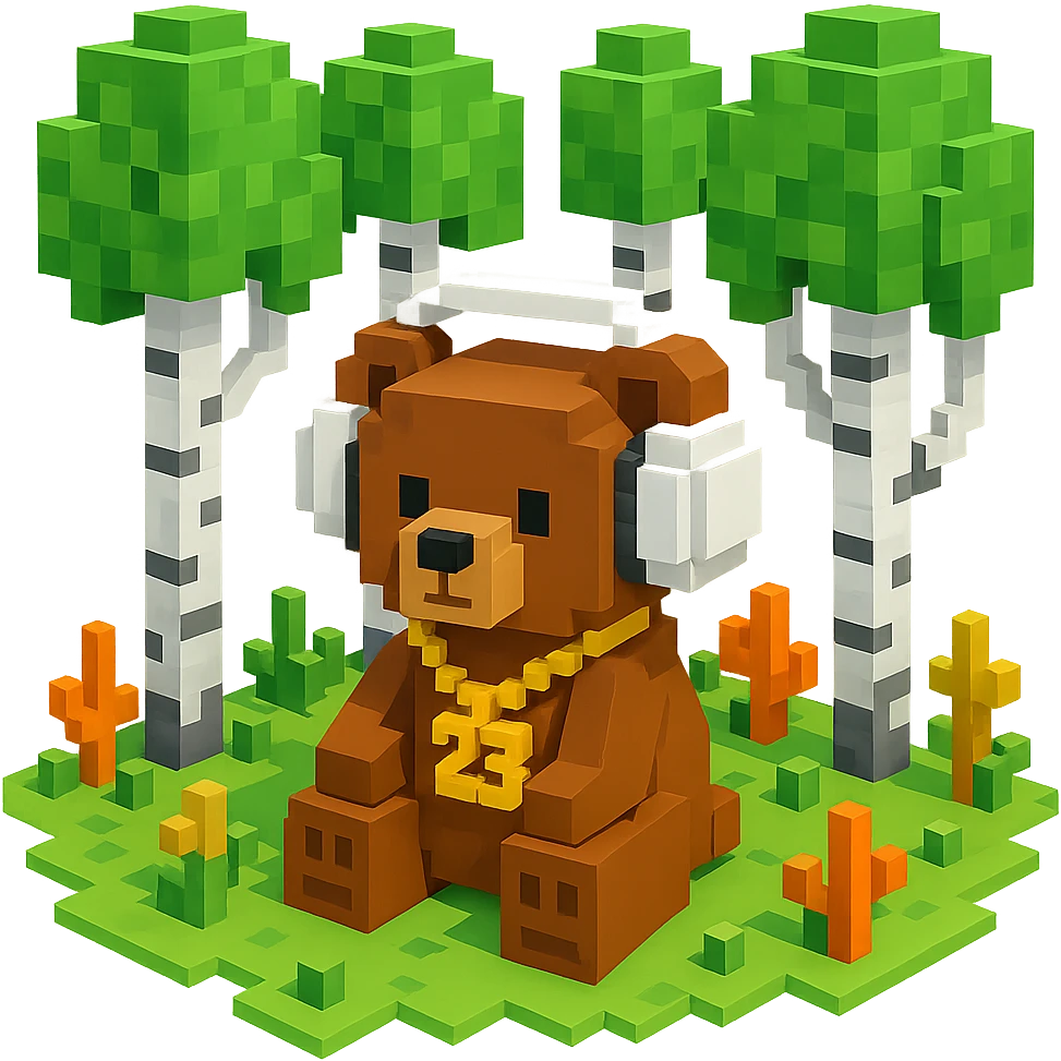 березовый лес, в котором сидит бурый медвежонок в белых наушниках (наушники должны закрывать уши медведя), на медведе цепь с подвеской "23", no background  emoji