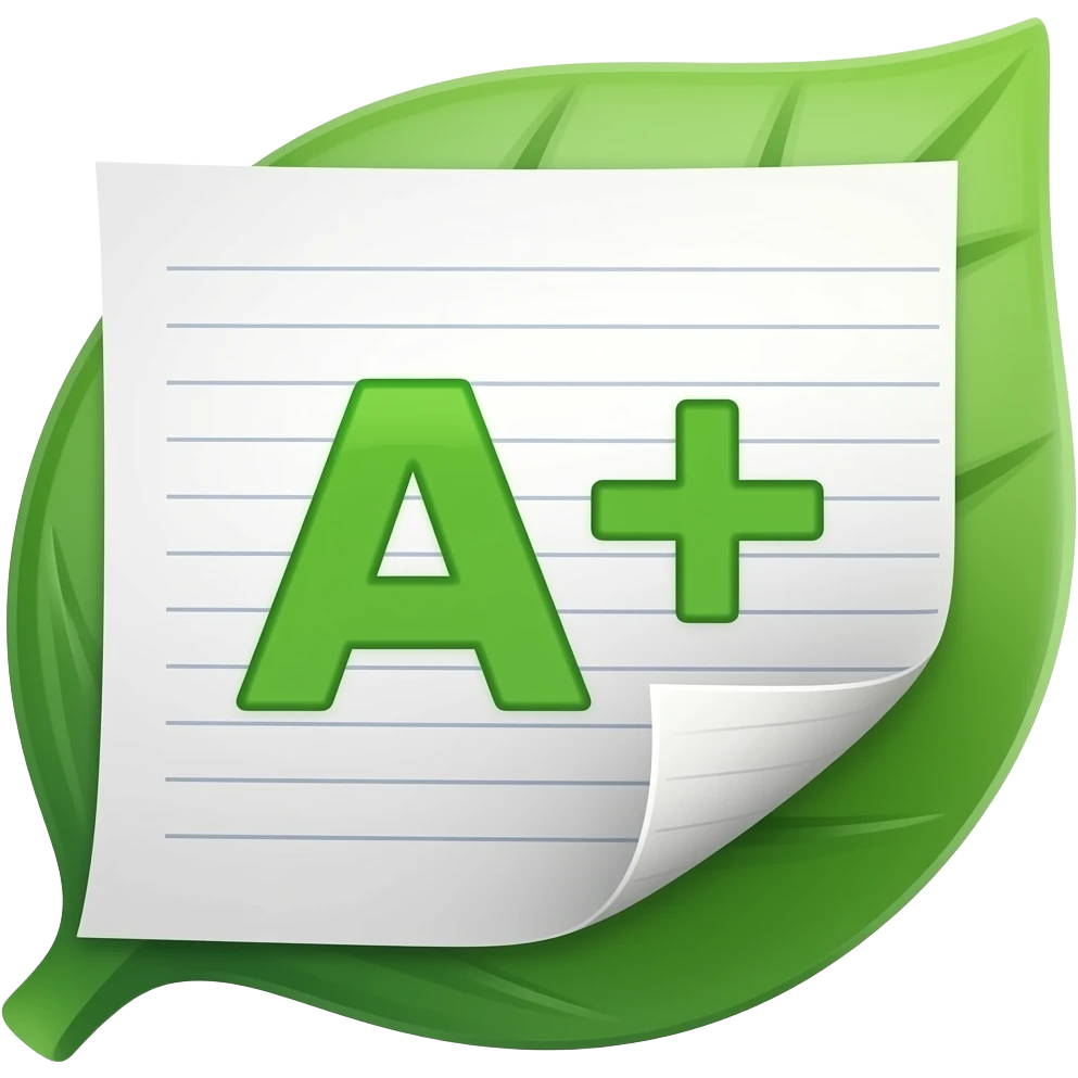 iOS emoji style, glossy 3D emoji, a green leaf combined with a homework sheet, clean white paper with "A+" grade in bright green, soft rounded shapes, vibrant colors, subtle shadows, Apple emoji design style, minimalistic, high detail, smooth shading, centered composition, no background emoji