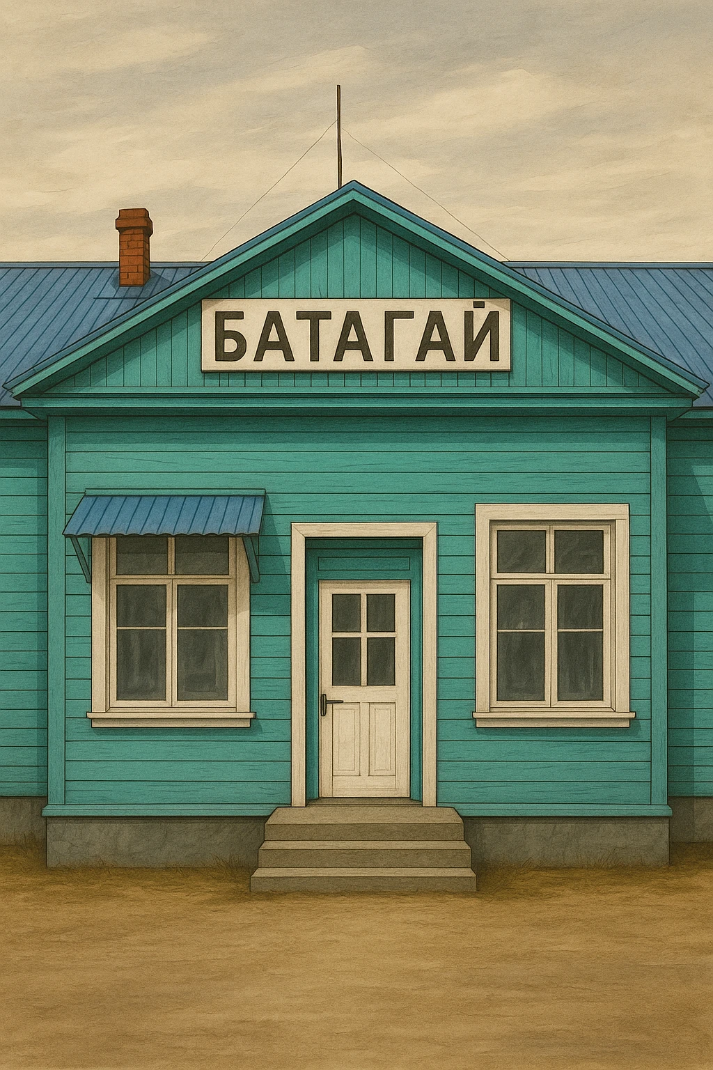 Используя эту стилистику, сгенерируй фотореалистичную картинку центральной части домика с надписью Батагай emoji