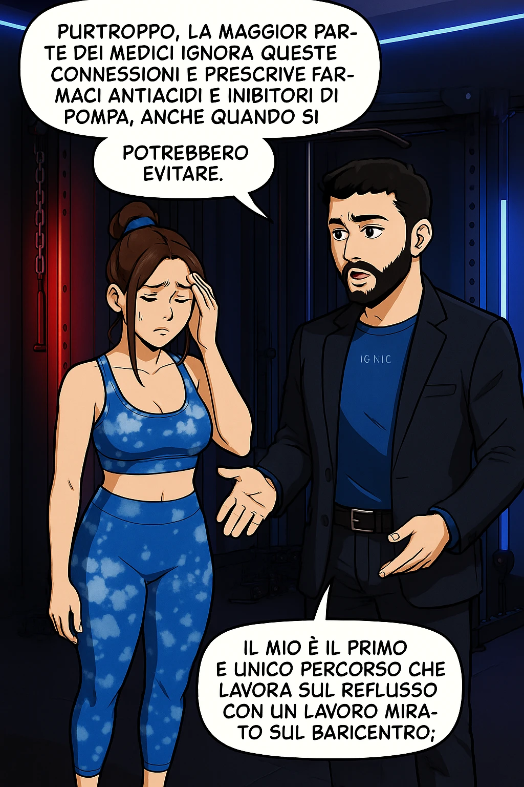 TRASFORMA QUESTO CAROSELLO IN UN FUMETTO STILE WEBTOON/MANGA A COLORI CON QUESTE DUE PERSONE IDENTICHE CHE INTERLOQUISCONO TRA LORO, L'uomo sta spiegando alla donna questo concetto MENTRE LA DONNA SI TIENE la mano sulla fronte sconcertata:

LUI (UOMO): Purtroppo, la maggior parte dei medici ignora queste connessioni e prescrive farmaci antiacidi e inibitori di pompa, anche quando si potrebbero evitare.
Il mio è il primo e unico percorso che lavora sul reflusso con un lavoro mirato sul baricentro; emoji
