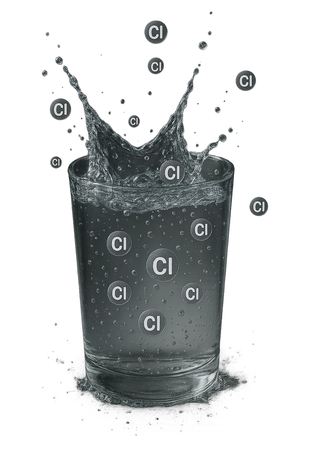 un bicchiere di acqua cade verticalmente dall'alto realistico e dettagliato, dentro l'acqua del bicchiere ci sono particelle di cloro ben visibili con la scritta "Cl" sopra, ci sono particelle anche che escono dal bicchiere e fluttuano in aria verticalmente, mentre alcune sono all'interno dell'acqua nel bicchiere, iperrealistico 4k emoji