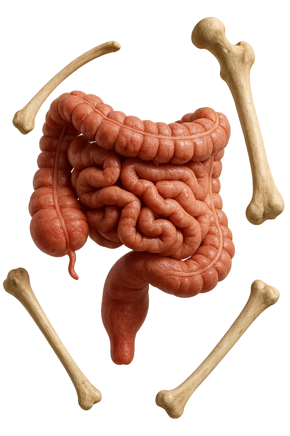 intestino umano anatomico e ossa umano anatomico fluttuano in aria, iperrealistico 4k emoji