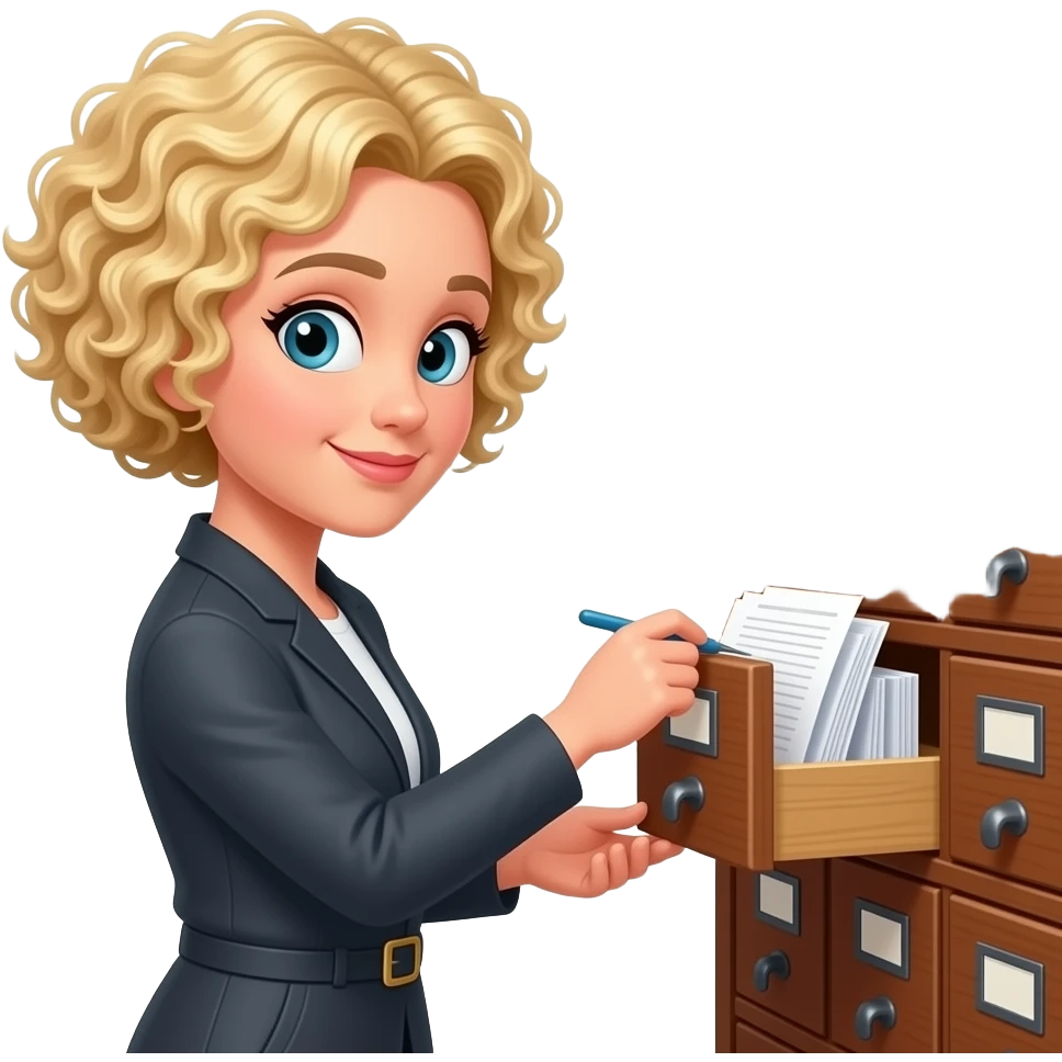 short blonde tight curly hair bob filing in an antique filing cabinet emoji