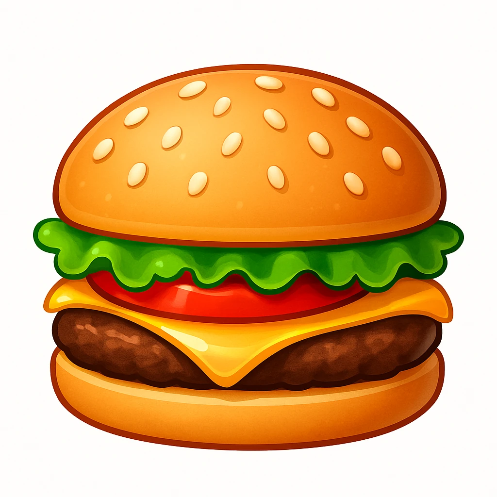 A classic single patty hamburger emoji,, glossy and colorful. Soft rounded bun with sesame seeds, one beef patty, fresh lettuce, ONE tomato slice, melted cheese, realistic but cartoonish look, clean white background emoji
