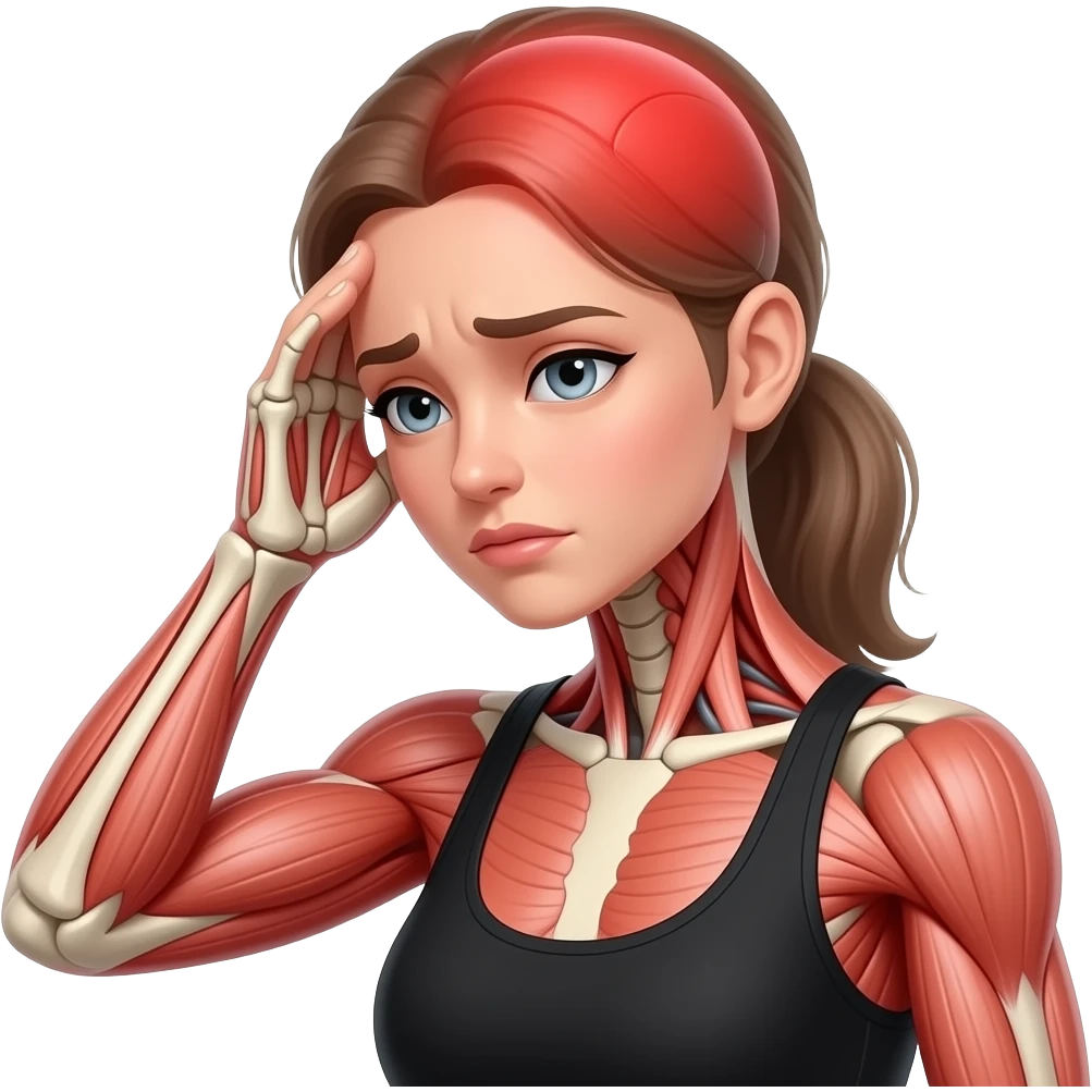 head pain, anatomical highlight of the skull and head muscles, full red glow over the entire head area, woman holding her head, fair-skinned woman, gray-blue eyes, ash brown brows, ash light brown hair tied back, slim athletic body, black workout set emoji