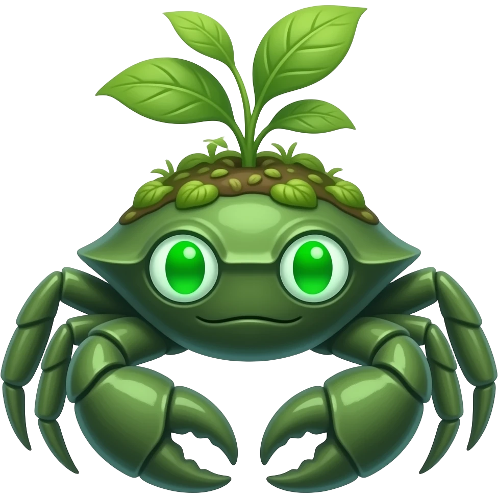 A green crab with a plant growing on its back facing forward with green glowing eyes emoji