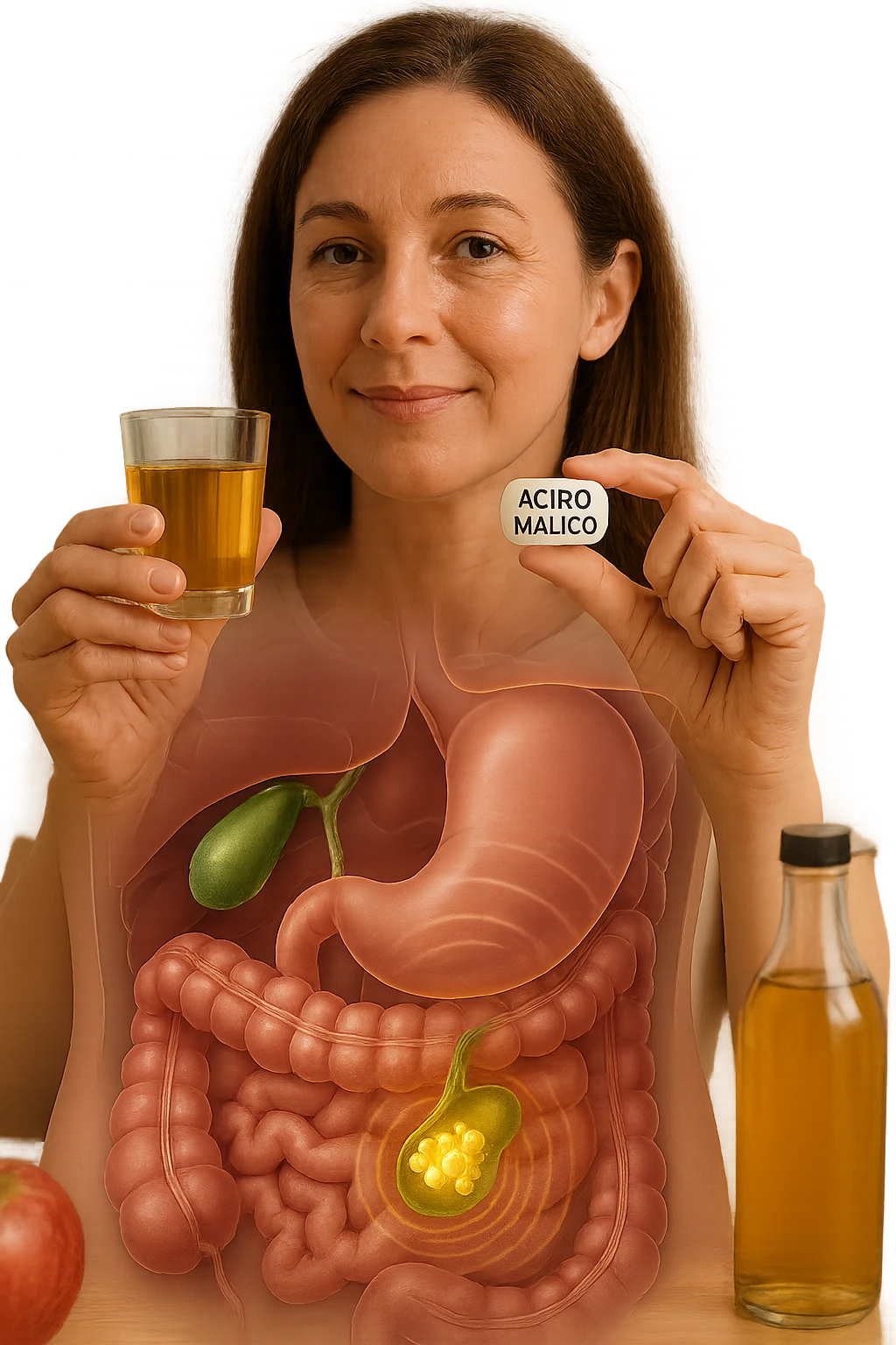 A detailed, realistic illustration or photo-style image showing a person holding a small glass of apple cider vinegar in one hand and a capsule labeled ‘Acido Malico’ in the other. In the foreground or as an overlay, a semi-transparent anatomical view of the abdomen highlights the gallbladder with visible small gallstones inside. Around the gallstones, gentle glowing waves or soft dissolving effects symbolize the softening or breakdown of the stones due to the natural acids. The person looks hopeful and calm, in a bright kitchen setting with fresh apples and natural health products on the counter. The overall mood is informative, natural, and hopeful about non-invasive, natural support for gallstone health emoji