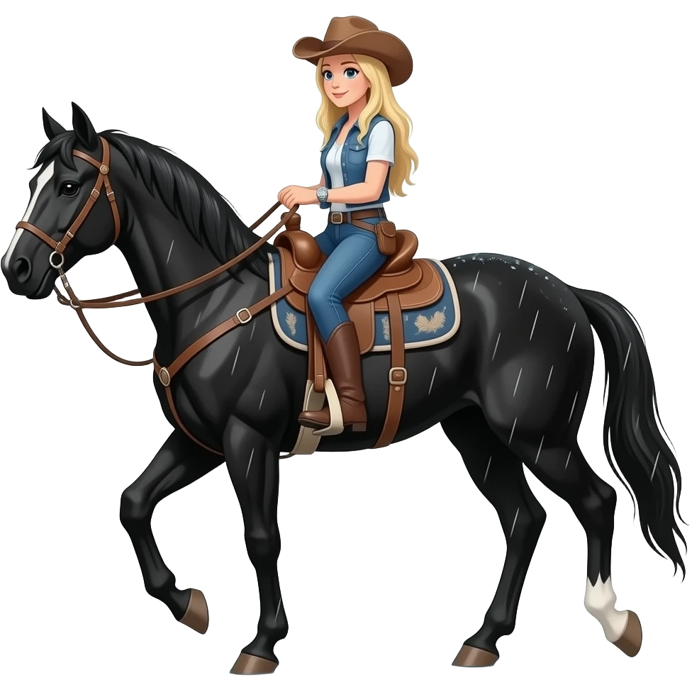 Blonde cowgirl leading black horse in the rain emoji