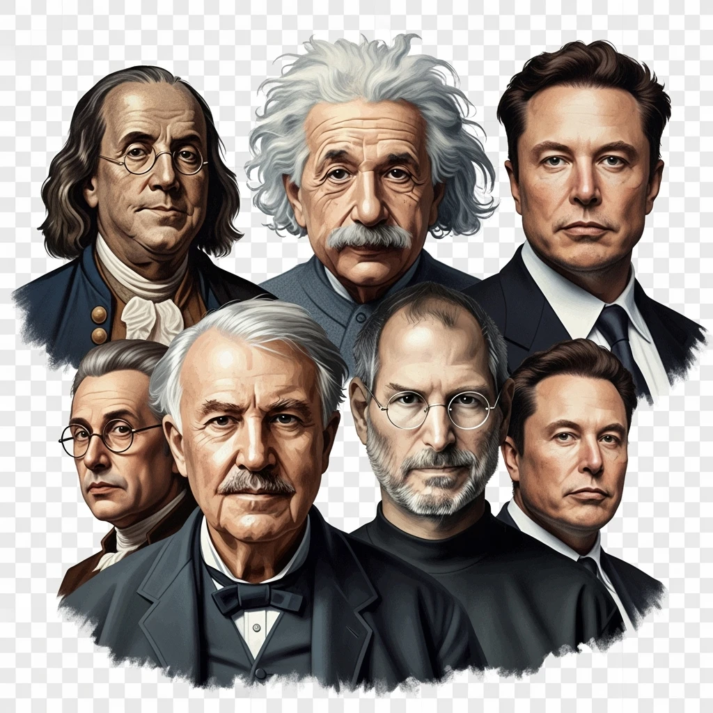 Generate in realistic style Franklin, Edison, Henry Ford in the first row, Einstein, Jobs and Musk in the second behind them. png on transparent background emoji