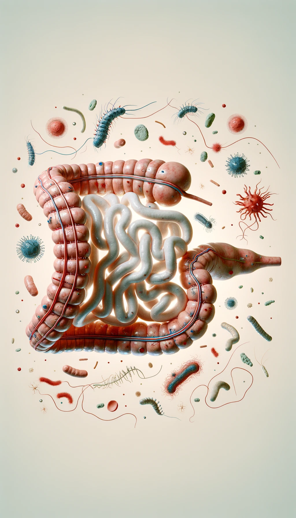 intestino umano anatomico con batteri e parassiti che gli fluttuano dietro, sfondo beige chiaro emoji