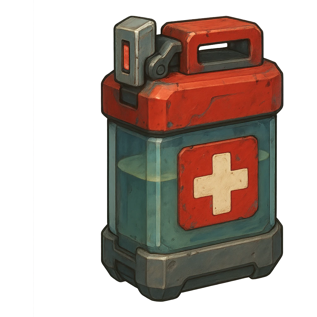 the image is the icon for a videogame insta-use item, it is a medpack- fututistic cyberpunk- resembles a canister with deadswitch emoji