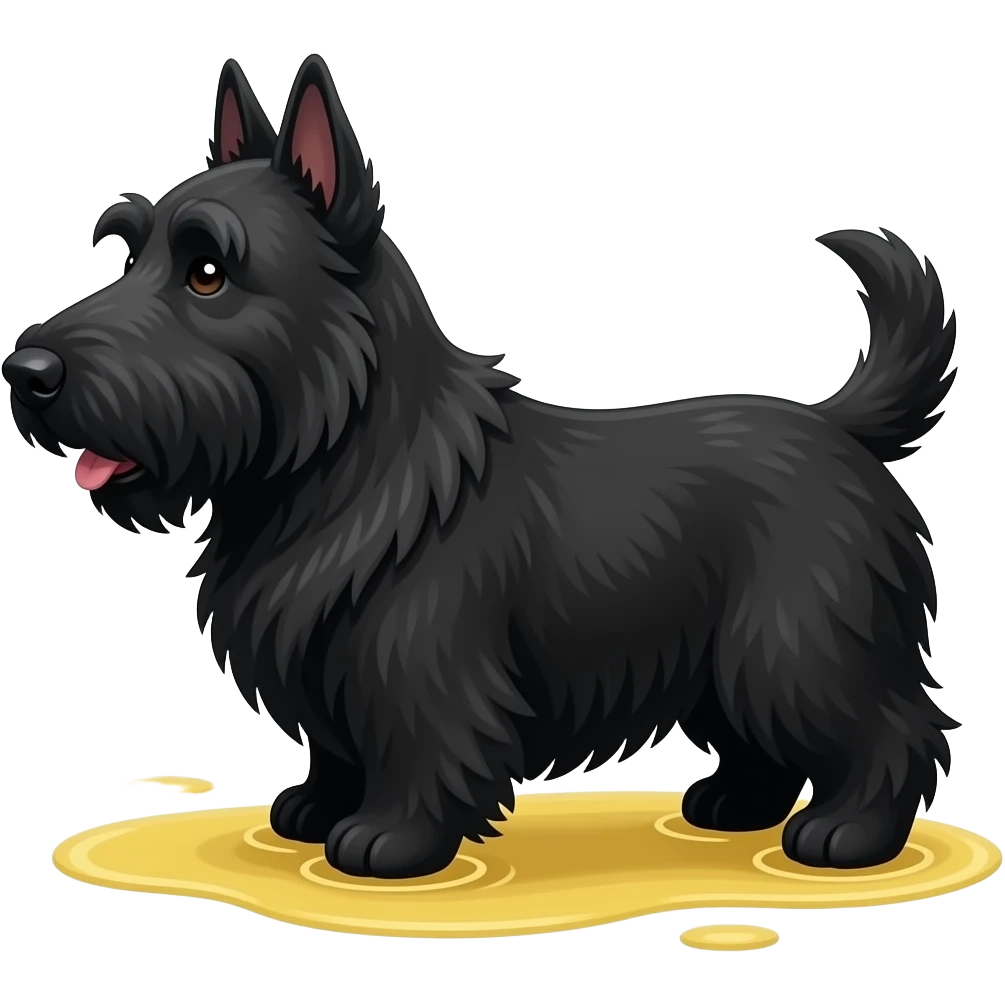 Black Scottie dog smiling in profile full body. Small yellow puddle beneath hind paws emoji