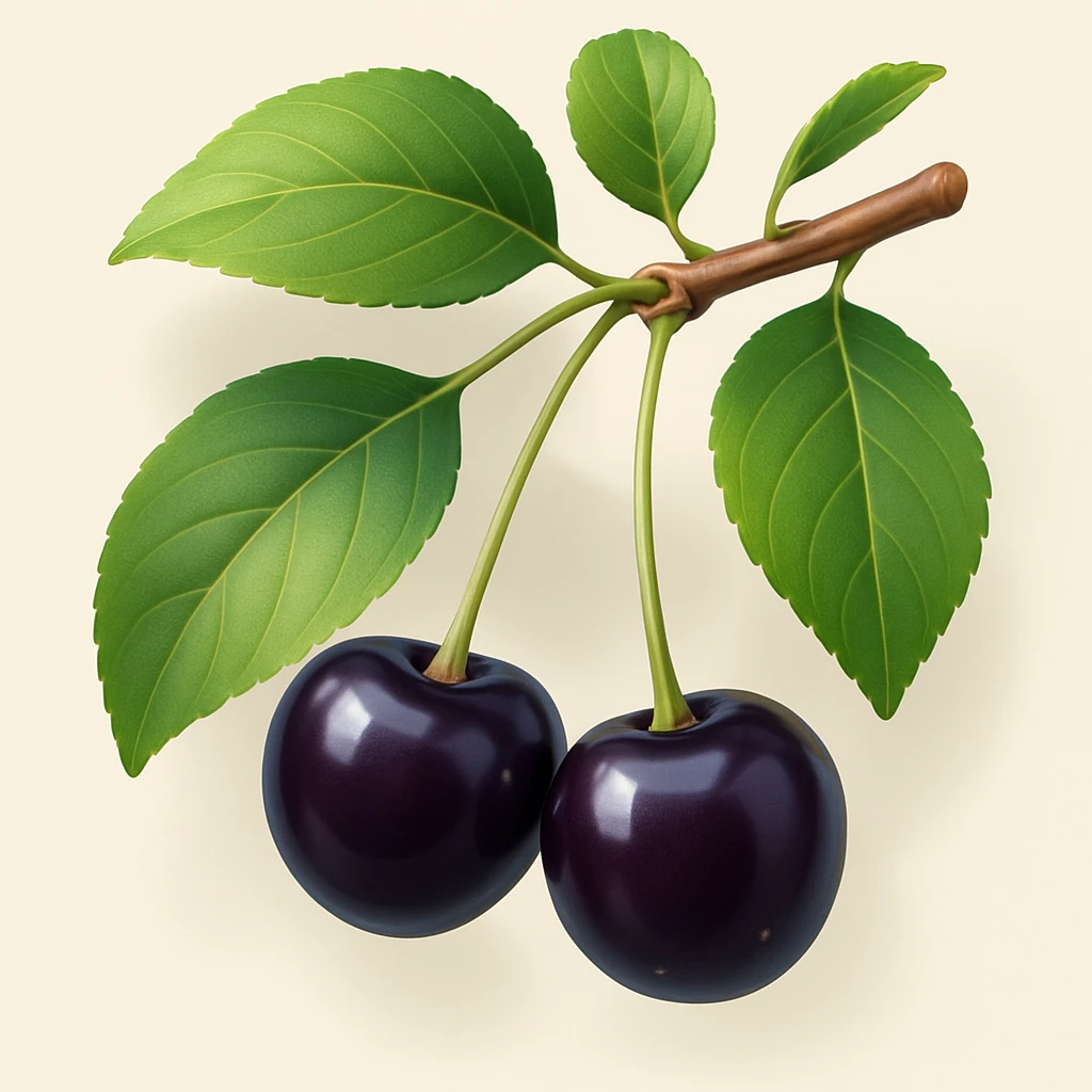 Make the image square while preserving the modern 3D iOS style with volume and expressive lighting and shading. Depict black berries and green leaves on a branch of Antipka cherry with a clean background. emoji