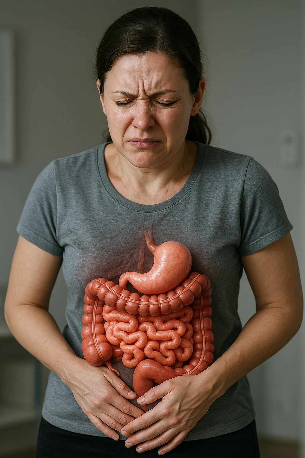 donna in piedi che si tiene la pancia con intestino umano anatomico e mal di pancia, iperrealistica 4k emoji