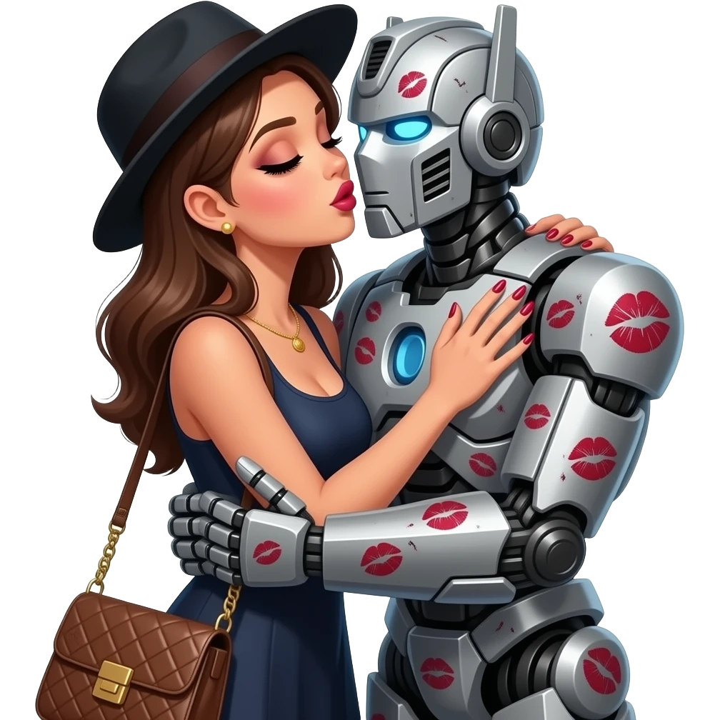 Make a woman lips touching the transformer, the woman with lipstick and a hat and eyeshadows and long polished nails, she is holding a purse she kisses the transformer while hugging him, the transformer is now covered in kiss marks and hugs the woman aswell emoji