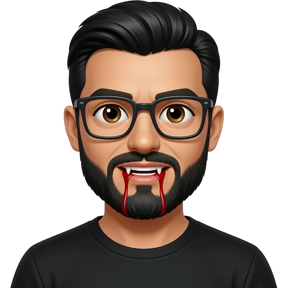 black slick back hair, tan skin, black beard, with square glasses, brown eyes, black tee shirt,  dracula teeth with blood on both sides emoji