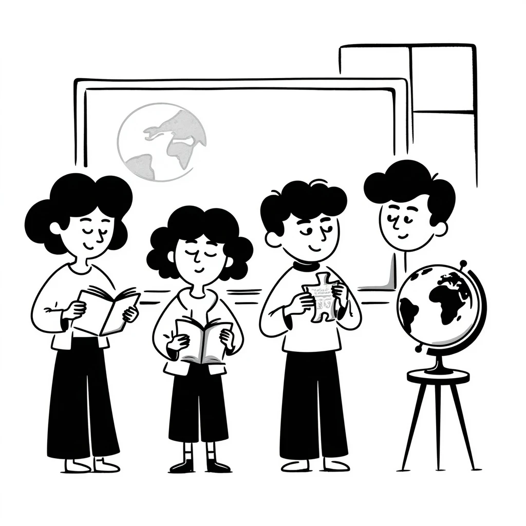 four students, two boys and two girls, sitting at desks following a class, hand-drawn style, friendly atmosphere, subtle classroom background emoji