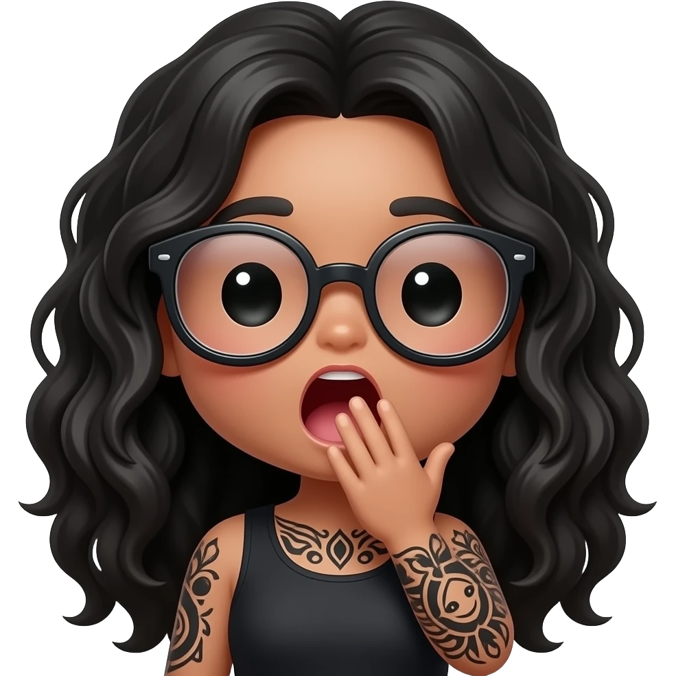 Kawaii style round very light brown skin glossy with oversized glasses and a full black tattooed arm and long curly black hair, yawning with hand in front of mouth emoji