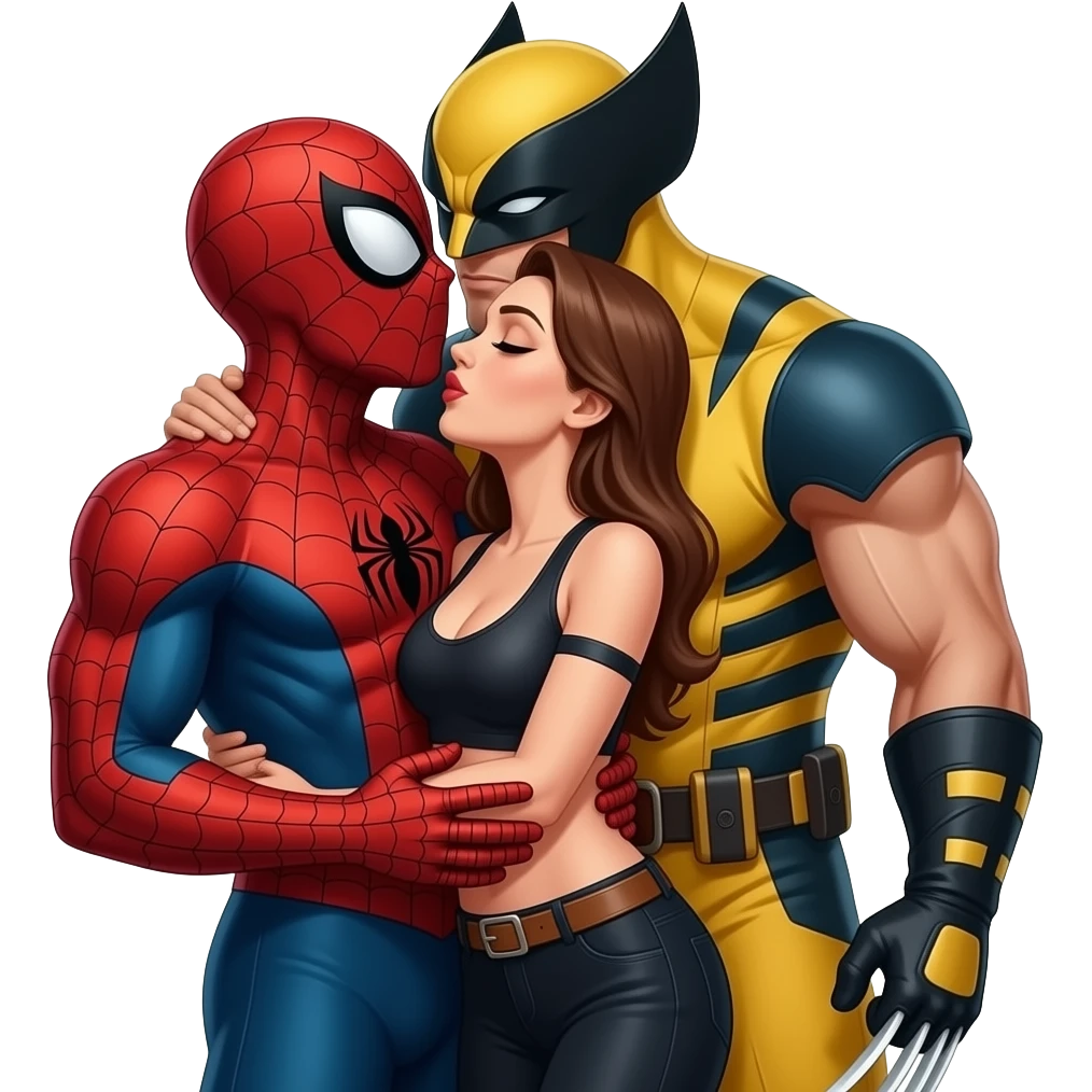 3 characters hugging and kissing: spiderman,  wolverine behind grabbing her hips emoji