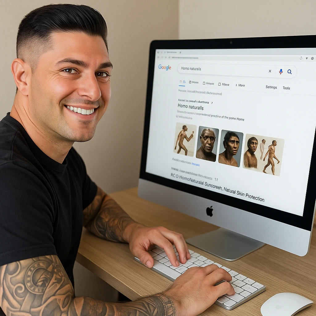 Create a realistic image of a man with the face and appearance of the person in the reference photo, sitting at a computer while searching on Google for 'Homo Naturalis'. The computer screen should clearly show the search. The tone should be natural and positive. emoji