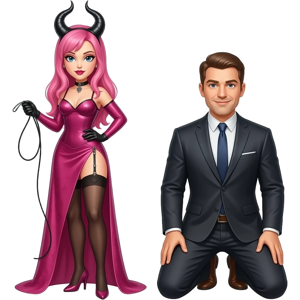 Una dominatrice con i capelli rosa con la frusta, un dominatore con una frusta, e un uomo inginocchiato emoji
