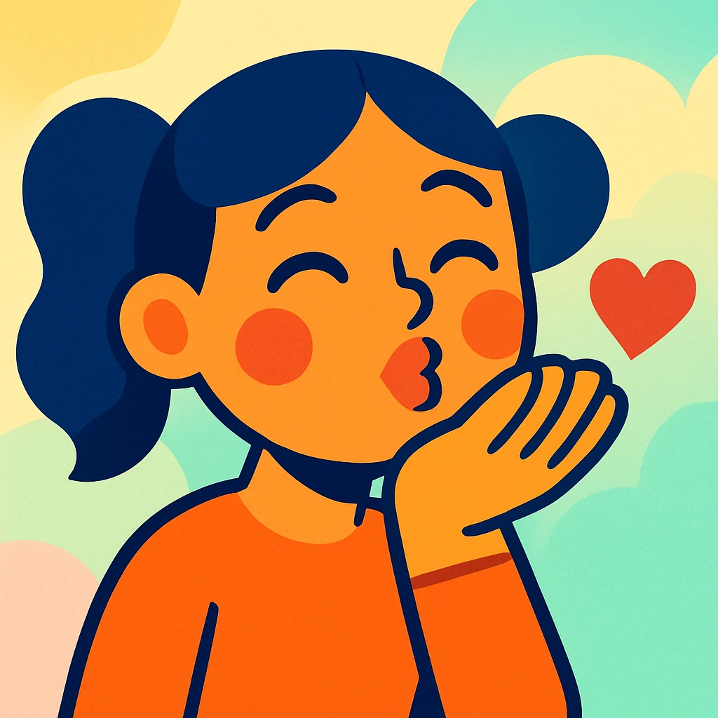 expressive illustration of a smiling girl sending a kiss, hand in front of mouth, soft and bright background emoji
