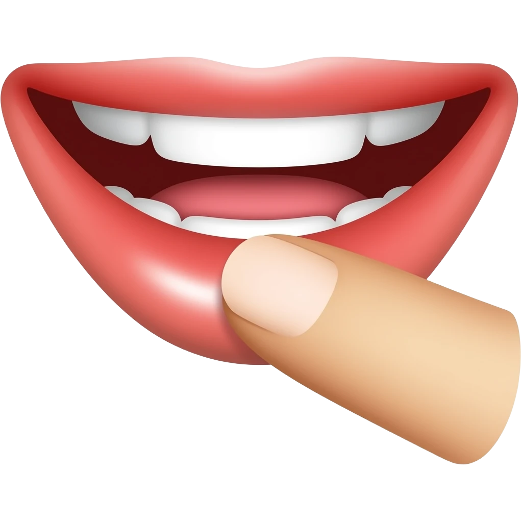 Smiling mouth with a finger on the bottom lips emoji