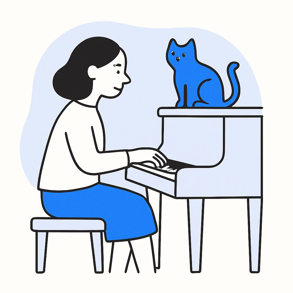 woman playing piano while her cat sits on top of the piano emoji
