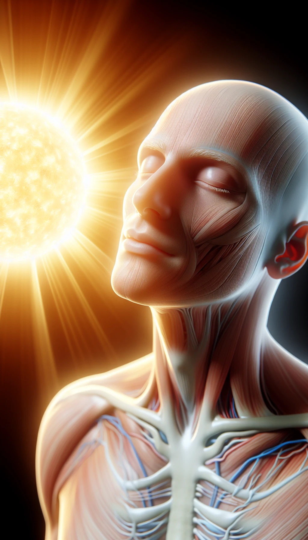 un corpo umano anatomico è illuminato dalla luce del sole e ha gli occhi chiusi in un espressione serena, l'immagine rappresenta l'importanza del sole e i suoi benefici sul corpo umano, iperrealistico 4k emoji