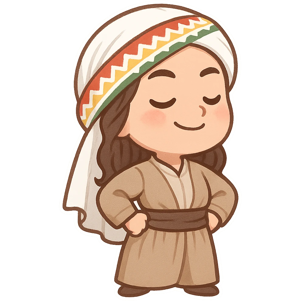 Kurdish man or woman in jamadani, cartoon style, feeling proud, standing tall with hands on hips, confident expression, no text emoji