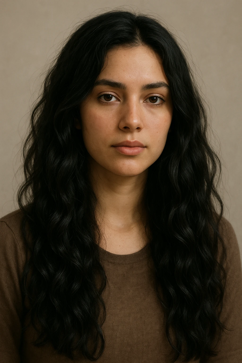 chica de cabello largo ondulado negro, estilo realista, fondo suave emoji