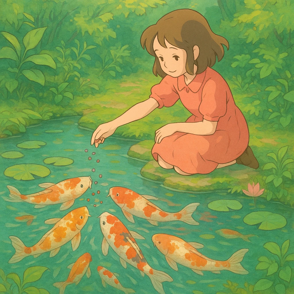 girl feeding koi fish in a pond emoji