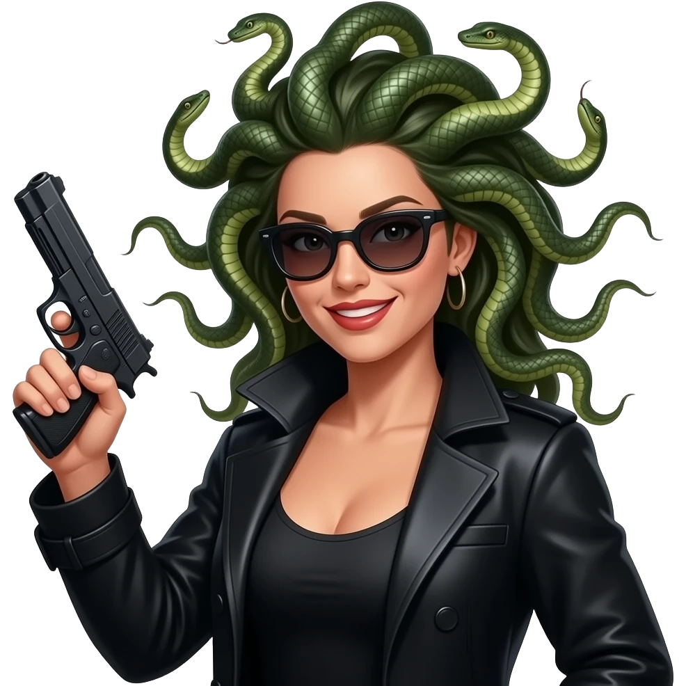 Flirty beautiful Medusa in black coat with sunglasses holding gun emoji