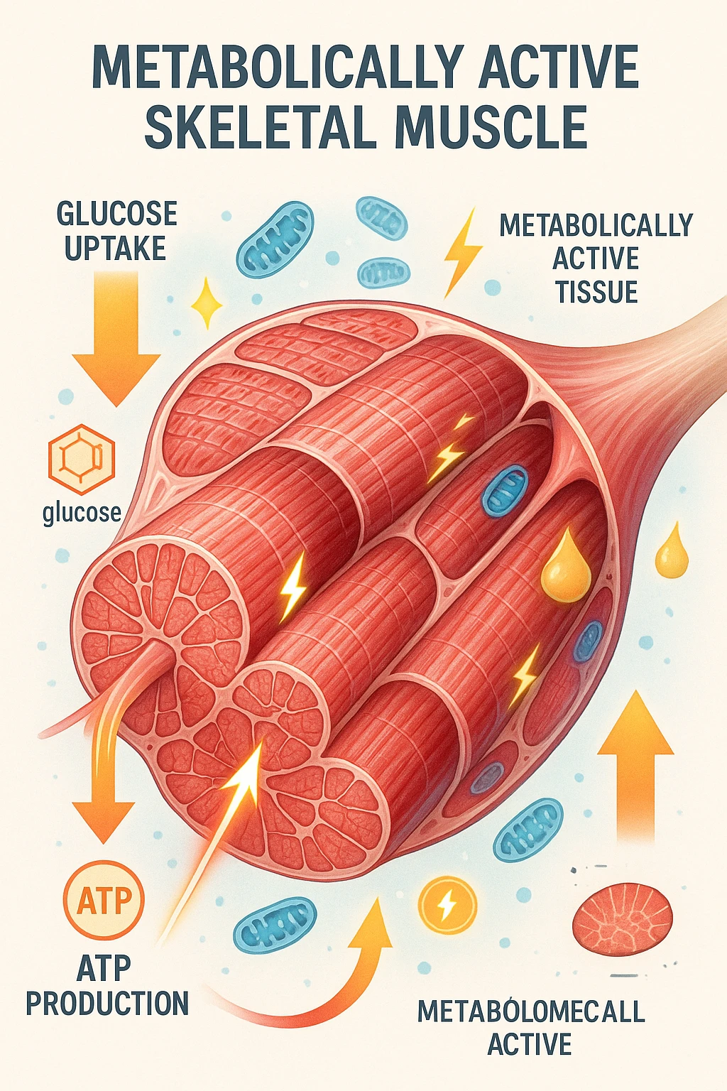 a highly detailed cross-section of human skeletal muscle fibers, shown in vibrant red and pink tones, with visible striations and realistic texture. Glowing arrows and animated icons represent active metabolic processes—such as glucose uptake, fat oxidation, and ATP production—occurring within the muscle tissue. Surrounding the muscle, floating symbols for mitochondria and energy highlight its metabolic activity. The background is clean and clinical, with subtle labels and infographics explaining that muscle is a metabolically active tissue. The overall style is modern, scientific, and visually engaging, suitable for educational or medical use. in italiano emoji